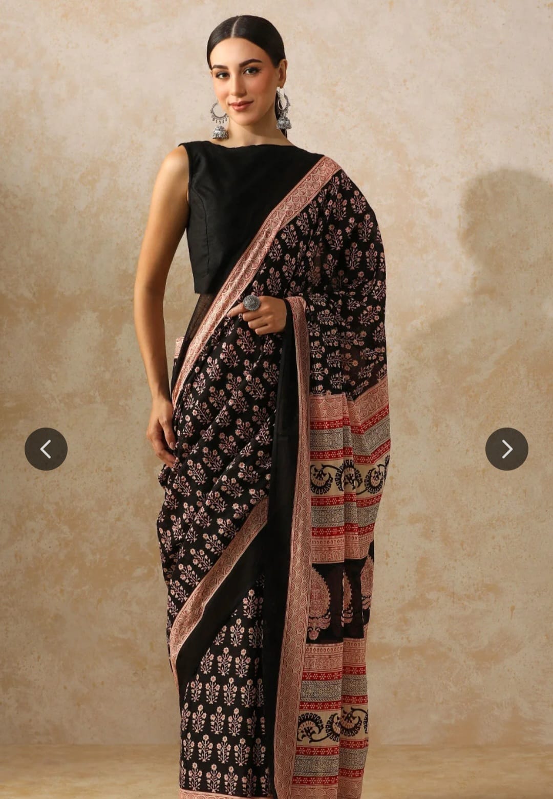 Cotton Mulmul Saree in black and rust – Pure cotton handblock printed saree wholesale by Fabtexs